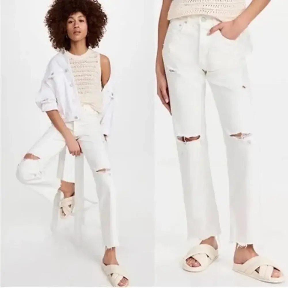 Moussy Vintage High Rise Straight Leg Distressed Jeans Cream Womens Size 24 - Picture 1 of 9